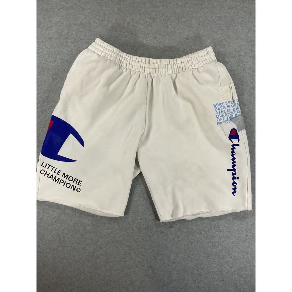 Champion Mens Reverse Weave Graphic Sweat Shorts Cream White Large Raw Hem 2497